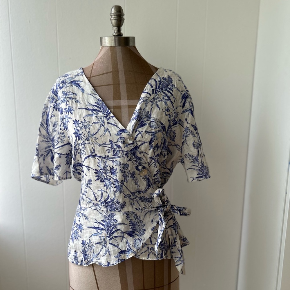 Floral Wrap Top - Blue and White 100% Linen XL